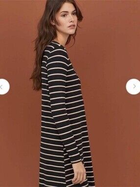 H&M Black and Cream Striped Long Sleeve A-Line Dress